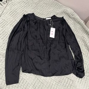 Lush Long Sleeve Satin Top Blouse Black Womens M Ruffle Trim Pullover Casual NWT